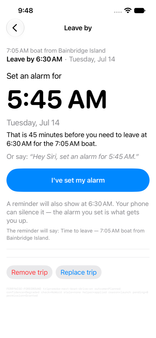 Ferrywise on iPhone: the leave-by screen with the time to set in Clock